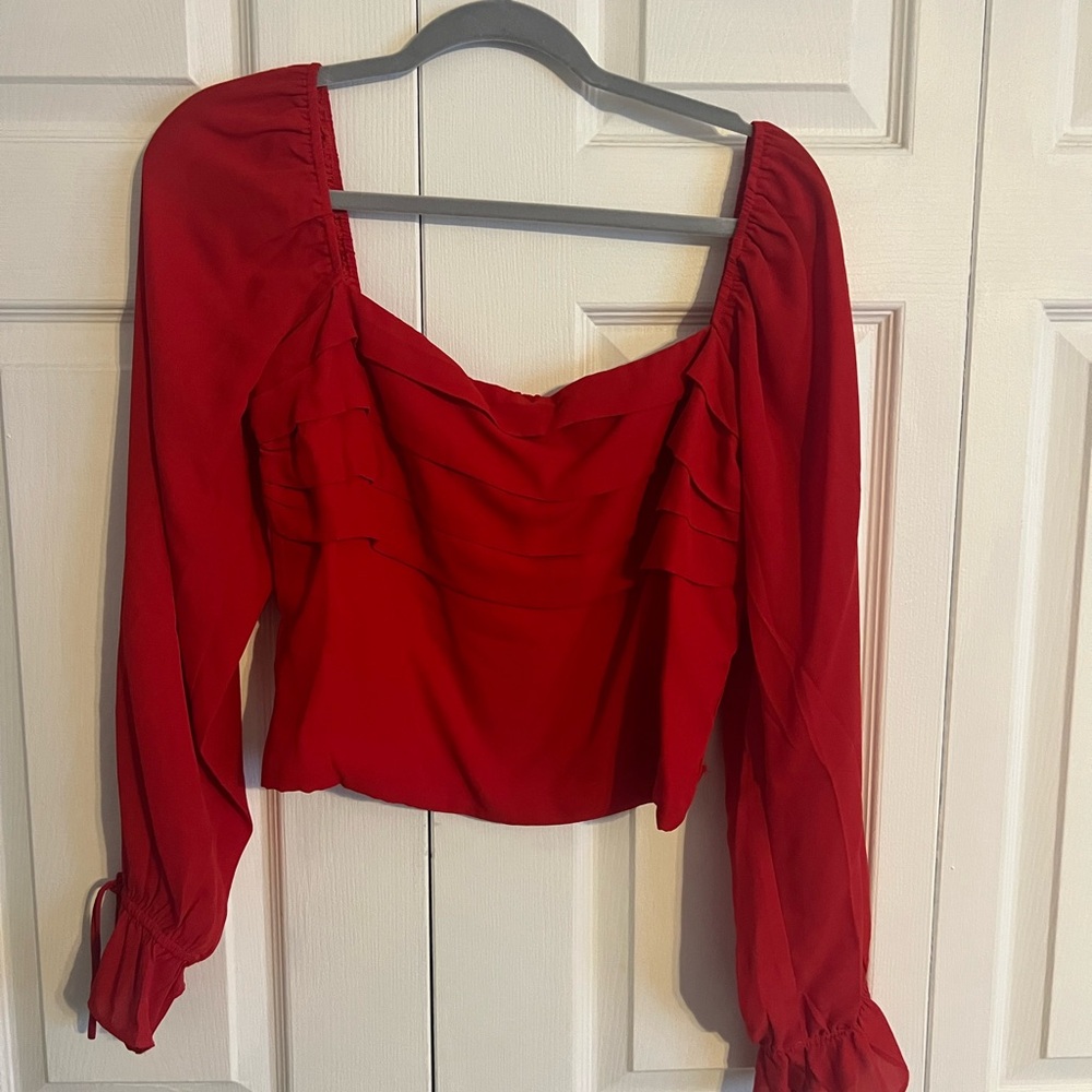 Elegant Women's Red Blouse with Ruffle Accents
